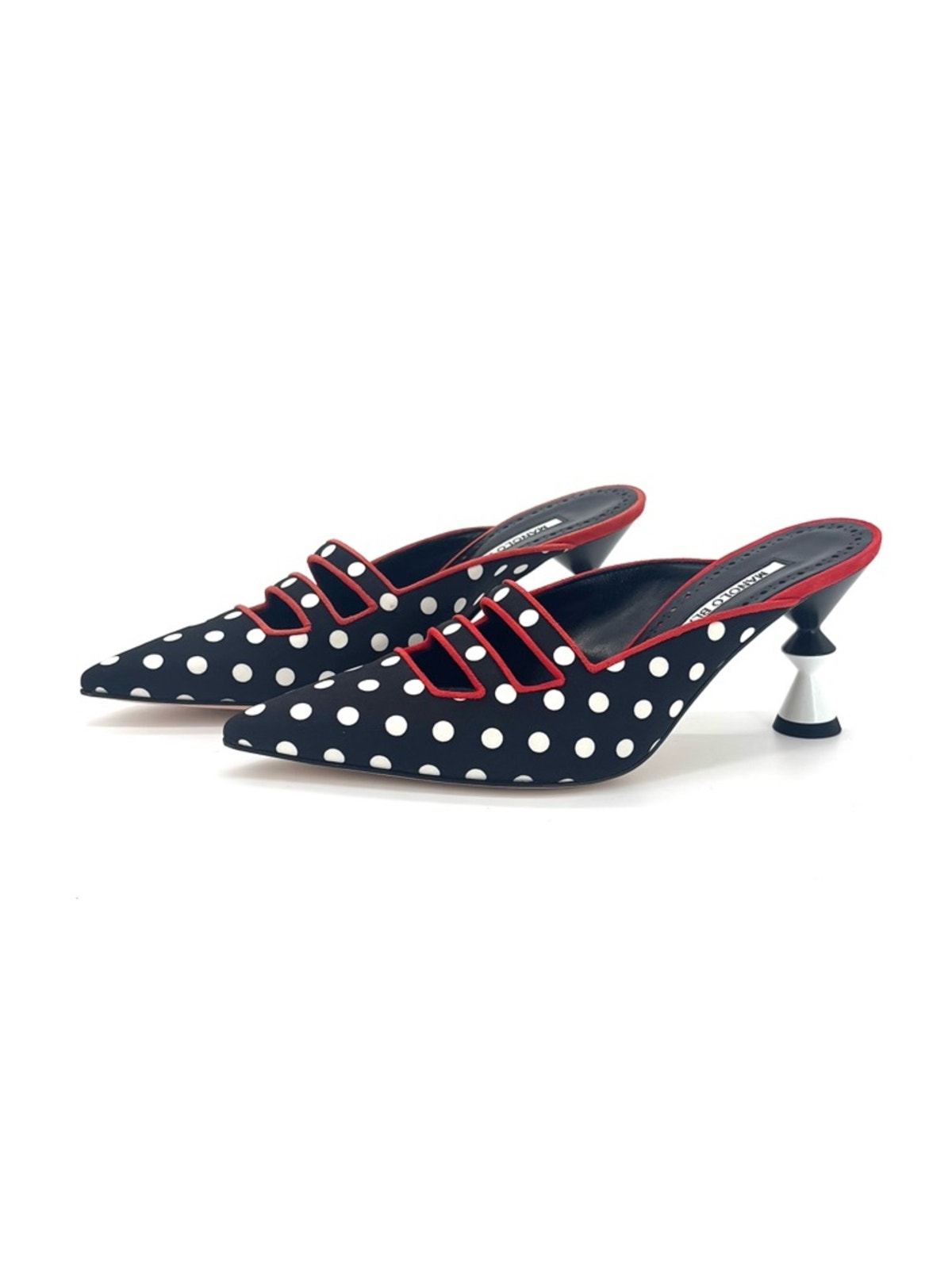 Manolo Blahnik Cciolo Polka Dot Pointed Toe Sculptural Heel Mule Pumps 36.5